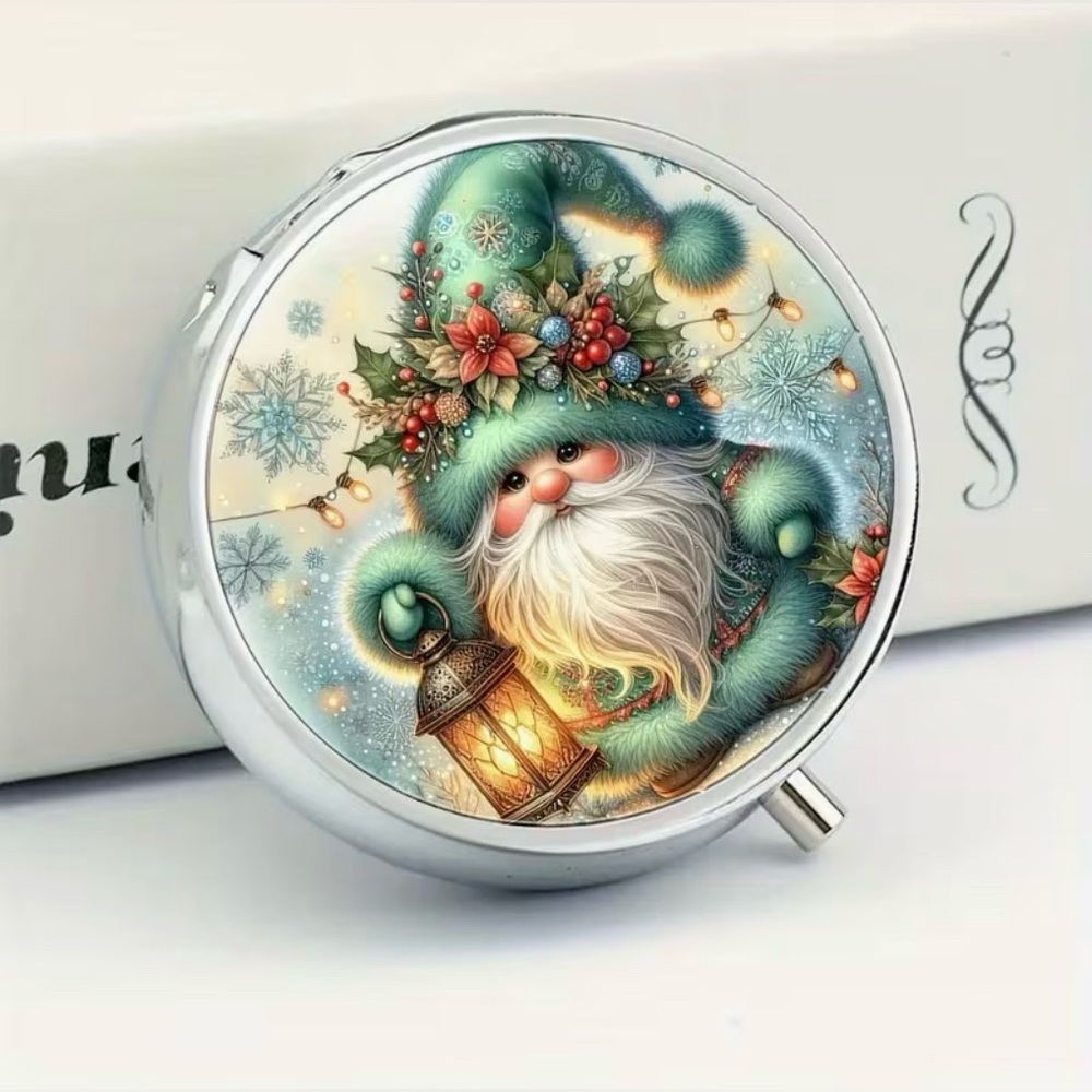 Christmas Gnome Elf Round Pill Organizer 3-Compartment Compact Pill Case New